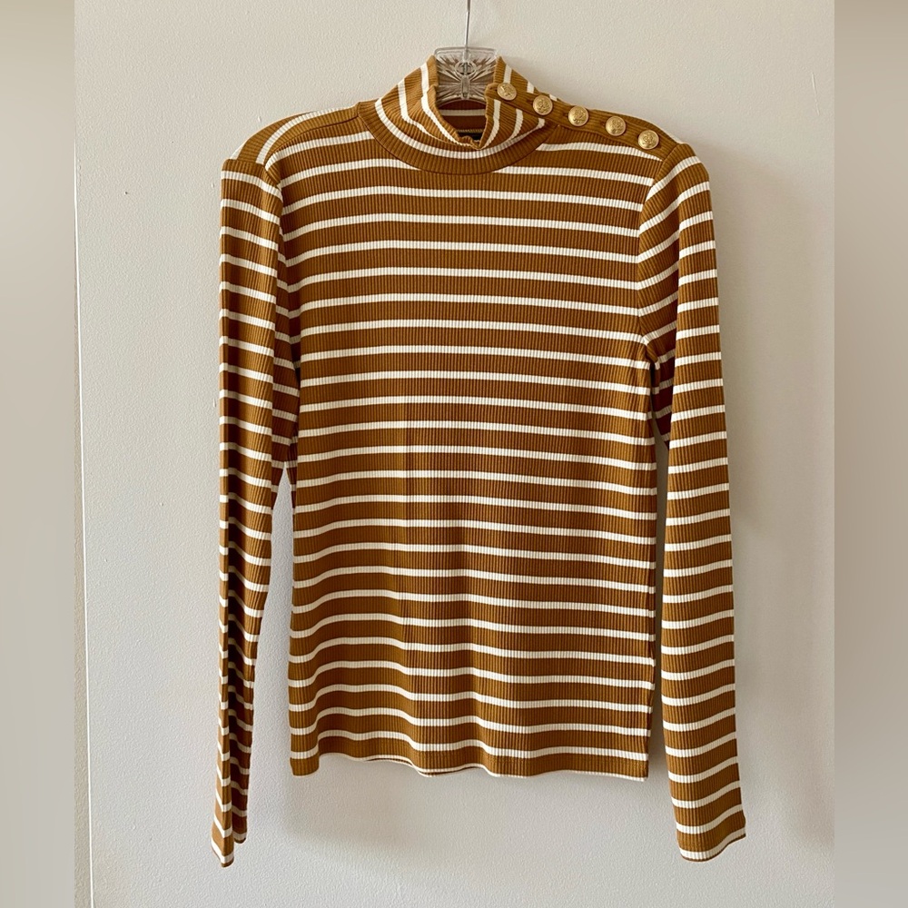 JCREW Striped Tan and White Ribbed Turtleneck Top